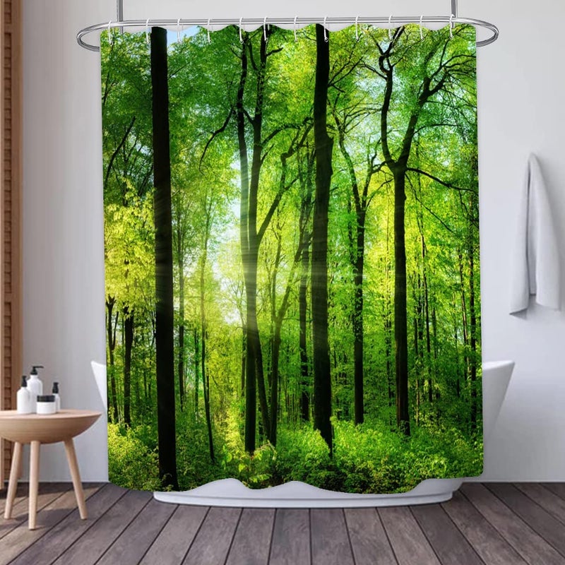 Yeele Nature Landscape Shower Curtain Green Trees Forest Bathroom Curtains Spring Sunrise Jungle Themed Scenery Waterproof Bathtub Decor with Plastic Hooks,60x72in - Image 1