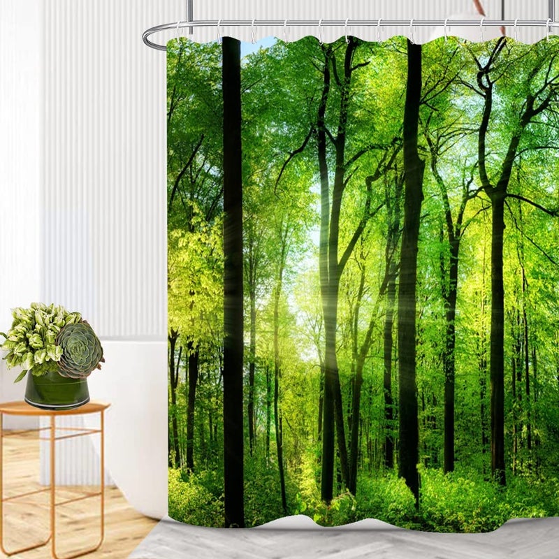 Yeele Nature Landscape Shower Curtain Green Trees Forest Bathroom Curtains Spring Sunrise Jungle Themed Scenery Waterproof Bathtub Decor with Plastic Hooks,60x72in - Image 3