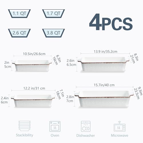 ONEMORE Casserole Dishes for Oven Ceramic Baking Dish Set of 4 NonStick Lasagna Pans with Handles Rectangular Bakeware Set for Cake Roasting Broiling Gratin Banquet Microwave Dishwasher Safe38261711 Qt White 01 - Image 3