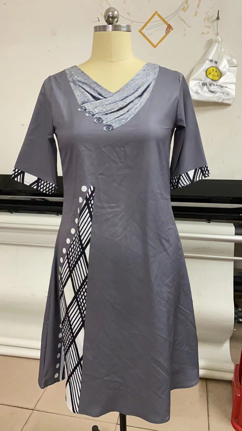 2021 cross-border early autumn temperament commuter pullover mid-waist ethnic style slim stitching gray midi dress black XL - Image 4