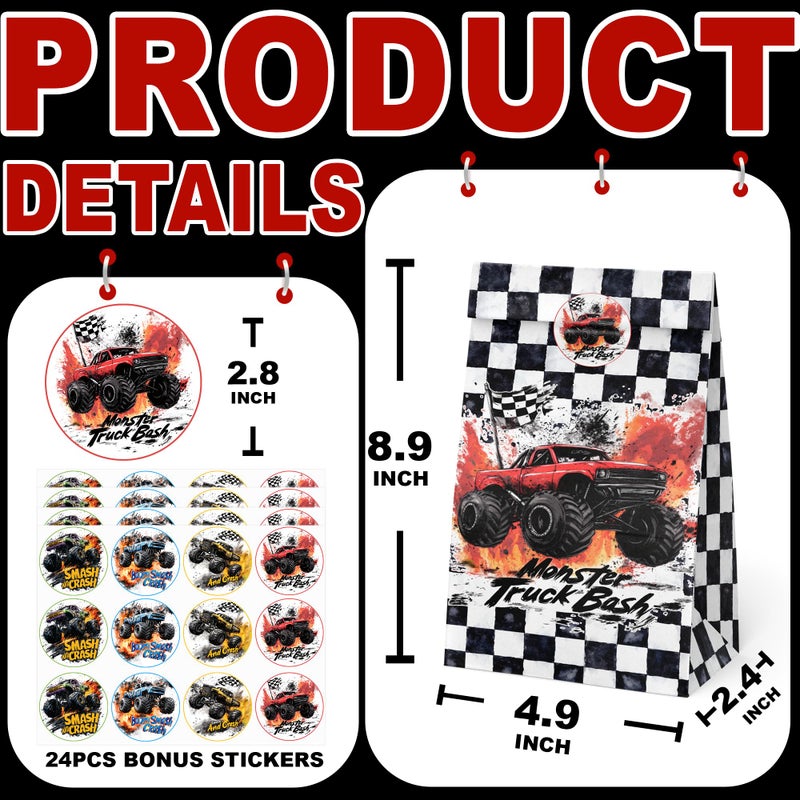 BonBeeDesign Monster Truck Party Favor Bags, 24 Pack Truck Goodie Bags with Stickers for Birthday Party Decorations, Racing Candy Treat Bags for Kids Snacks - Image 3