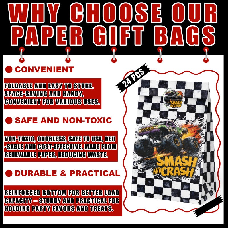 BonBeeDesign Monster Truck Party Favor Bags, 24 Pack Truck Goodie Bags with Stickers for Birthday Party Decorations, Racing Candy Treat Bags for Kids Snacks - Image 2