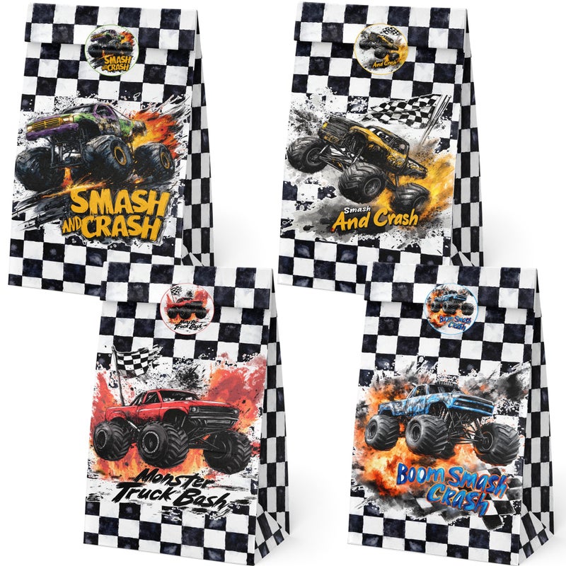 BonBeeDesign Monster Truck Party Favor Bags, 24 Pack Truck Goodie Bags with Stickers for Birthday Party Decorations, Racing Candy Treat Bags for Kids Snacks - Image 1