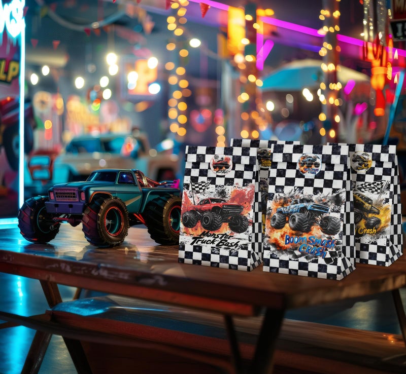 BonBeeDesign Monster Truck Party Favor Bags, 24 Pack Truck Goodie Bags with Stickers for Birthday Party Decorations, Racing Candy Treat Bags for Kids Snacks - Image 4