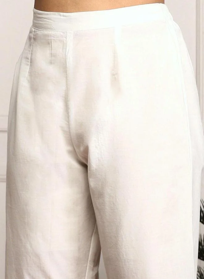 ISHIN Ishin Women Off White Cotton Kurta with Trousers and Dupatta Set