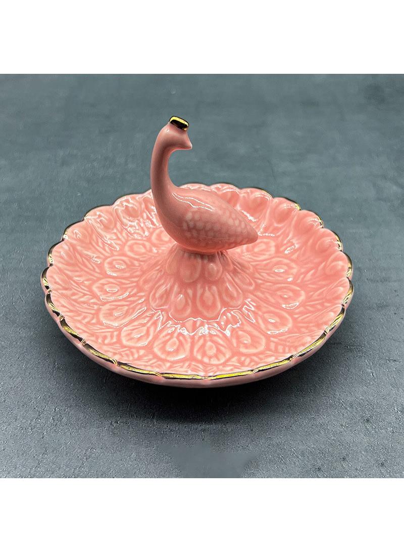 Y&D Ceramic Peacock Ring Jewelry Plate Earrings Display Stand Jewelry Storage Tray Creative Ornaments Home Decoration-Pink 