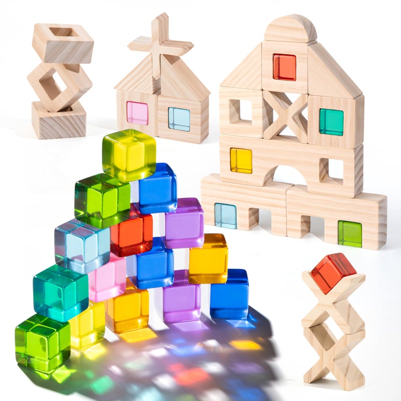 Woodtoe Wooden Rainbow Building Blocks Set for Toddlers 22 PCS Wooden Blocks 25 PCS Gem Cubes Stacking Blocks Montessori Stacking Toys Educational STEM Birthday Toys Gifts for Kid Boy Girl 36 - Image 2