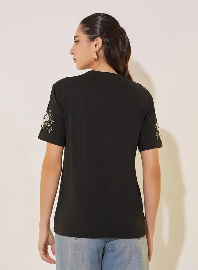 Take Two Knitted Round Neck Short Sleeve Embroidered Detail T-Shirt