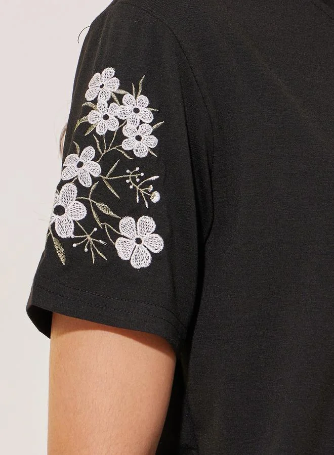 Take Two Knitted Round Neck Short Sleeve Embroidered Detail T-Shirt