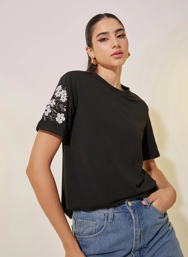 Take Two Knitted Round Neck Short Sleeve Embroidered Detail T-Shirt