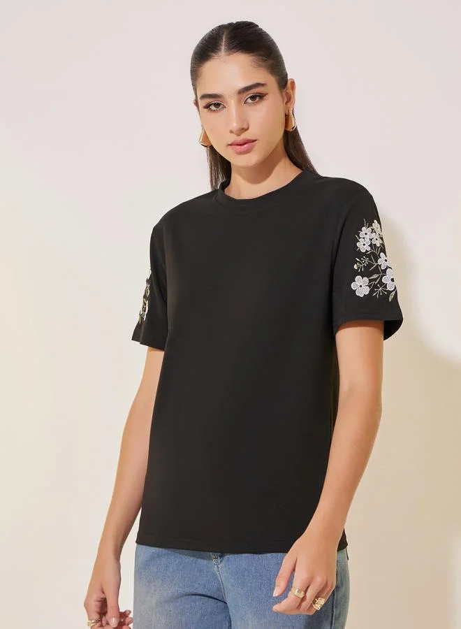 Take Two Knitted Round Neck Short Sleeve Embroidered Detail T-Shirt