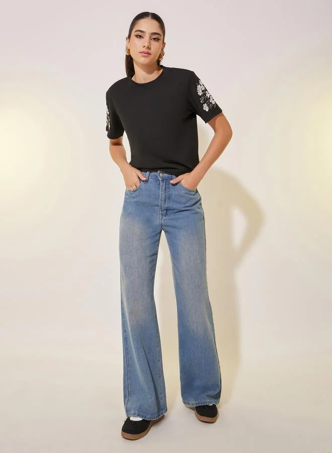 Take Two Knitted Round Neck Short Sleeve Embroidered Detail T-Shirt