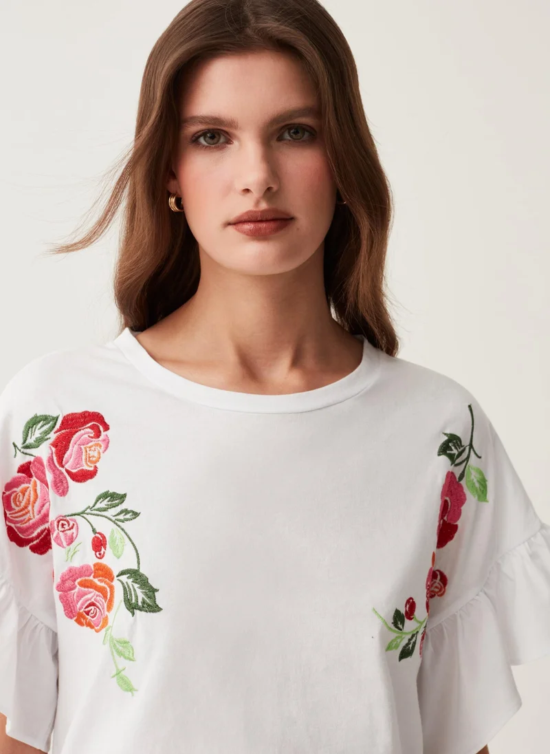 Ovs Cotton T-shirt with floral embroidery