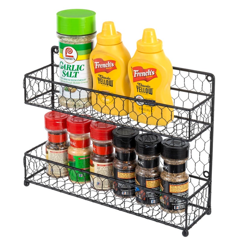 MyGift Farmhouse Style Metal Wire Spice Rack  Wall Mount or Kitchen Countertop 2Tier Seasoning Jar Storage Organizer Black