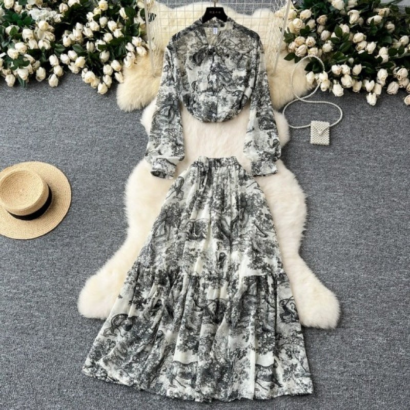 High-Waisted Versatile Printed Ruffle Skirt Womens European and American Style Two-Piece Set with Stylish Age-Reducing Long-Sleeved Bow Shirt Blue - Image 4