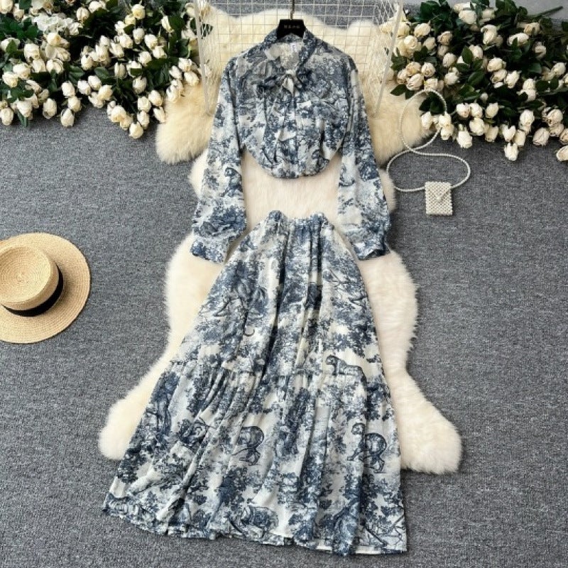 High-Waisted Versatile Printed Ruffle Skirt Womens European and American Style Two-Piece Set with Stylish Age-Reducing Long-Sleeved Bow Shirt Blue - Image 1