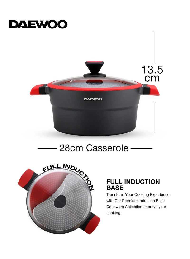 DAEWOO وعاء دايو 28 سم من الألمنيوم المصبوب، بطبقة جرانيت غير لاصقة، قاعدة تحريض كاملة، مقابض تبقى باردة، أدوات سيليكون وحماة أواني، أحمر، خالي من المواد الكيميائية - Image 4