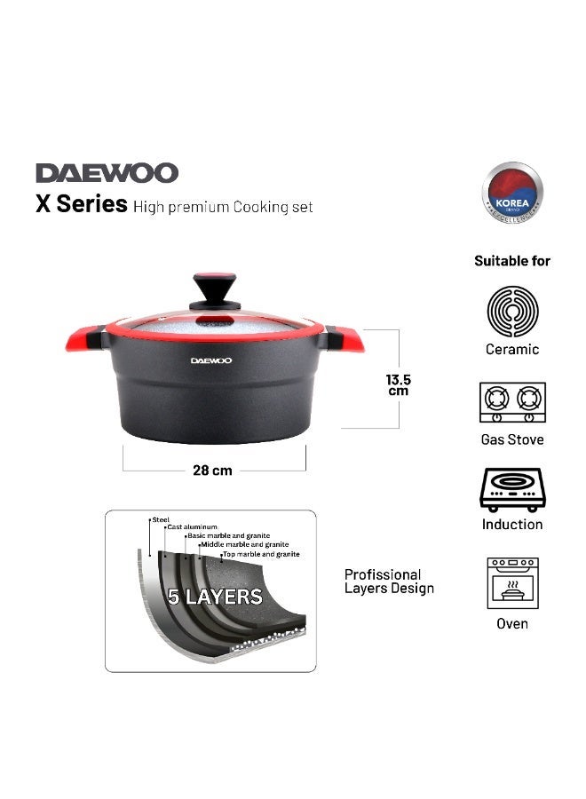 DAEWOO وعاء دايو 28 سم من الألمنيوم المصبوب، بطبقة جرانيت غير لاصقة، قاعدة تحريض كاملة، مقابض تبقى باردة، أدوات سيليكون وحماة أواني، أحمر، خالي من المواد الكيميائية - Image 2