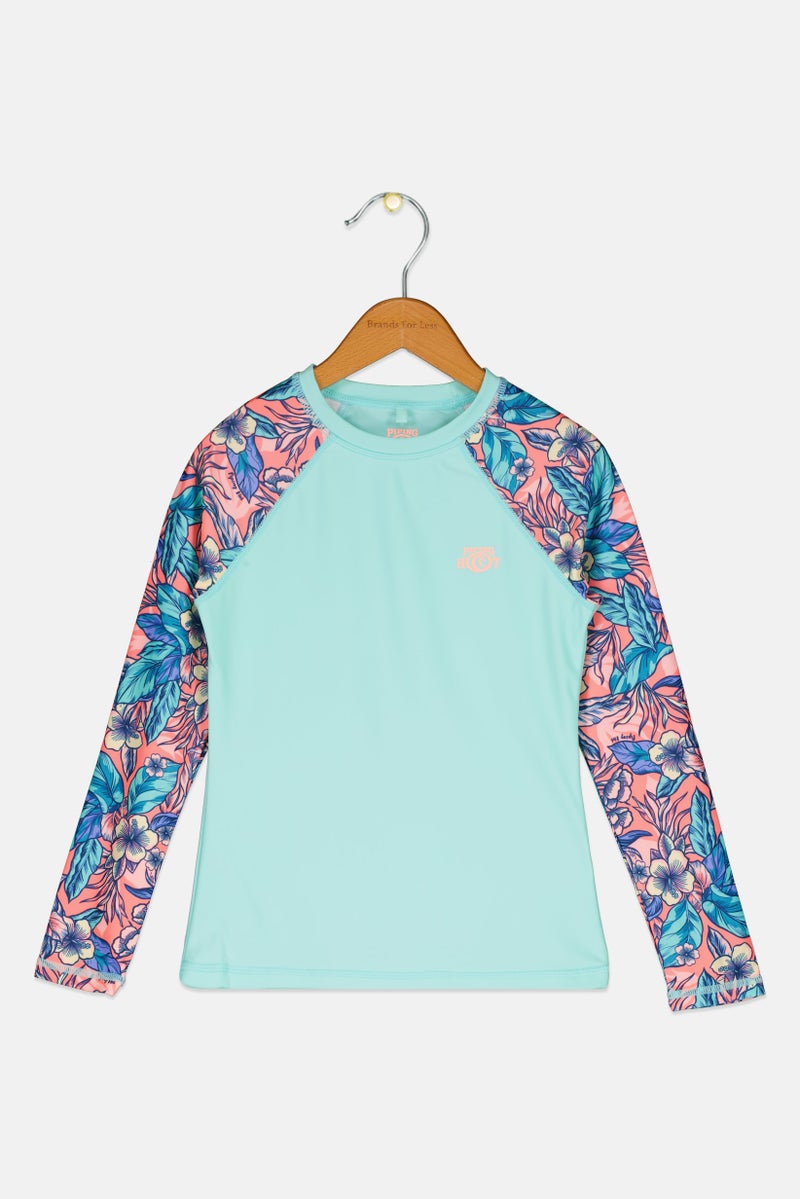 Piping Hot Kids Girl Floral Print Long Sleeve Rash Guard, Multicolor - Image 1