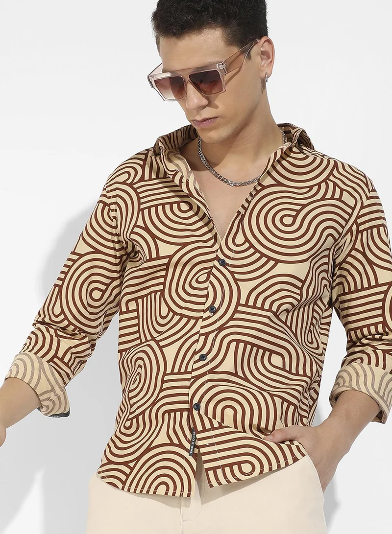 Campus Sutra Campus Sutra Men's Beige & Brown Contrast Lines Shirt For Casual Wear | Spread Collar | Long Sleeve | Button Closure | Cotton Shirts Crafted With Comfort Fit For Everyday Wear