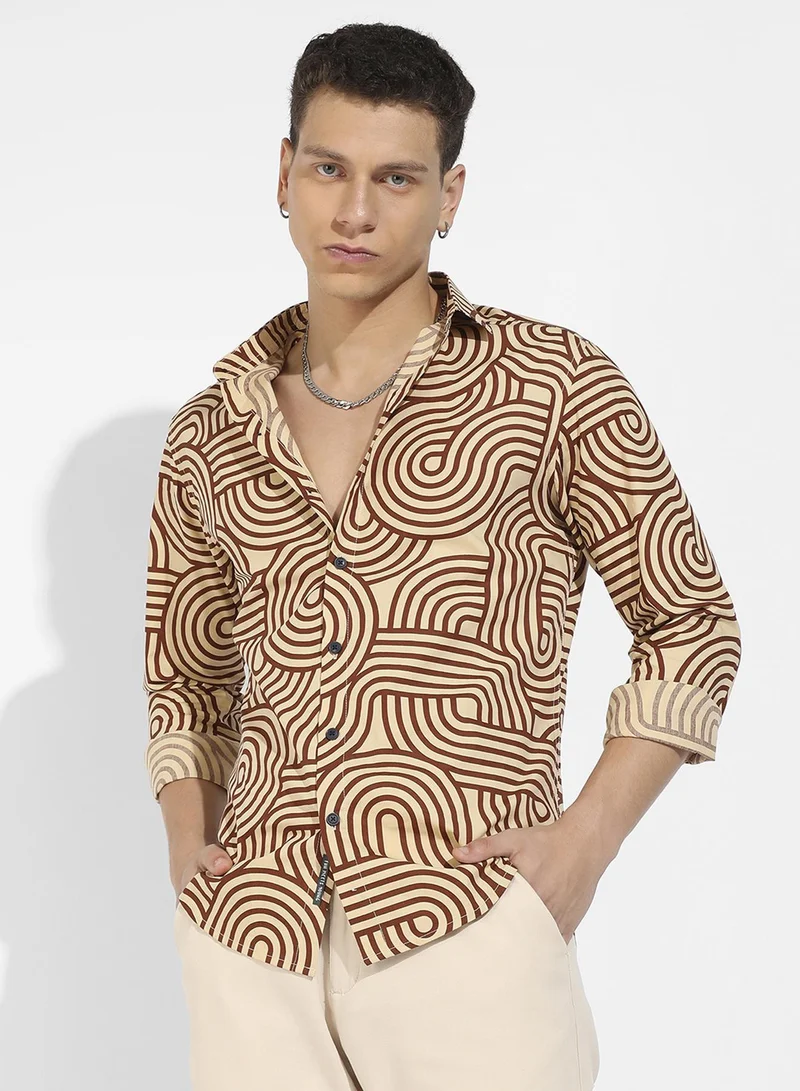 Campus Sutra Campus Sutra Men's Beige & Brown Contrast Lines Shirt For Casual Wear | Spread Collar | Long Sleeve | Button Closure | Cotton Shirts Crafted With Comfort Fit For Everyday Wear