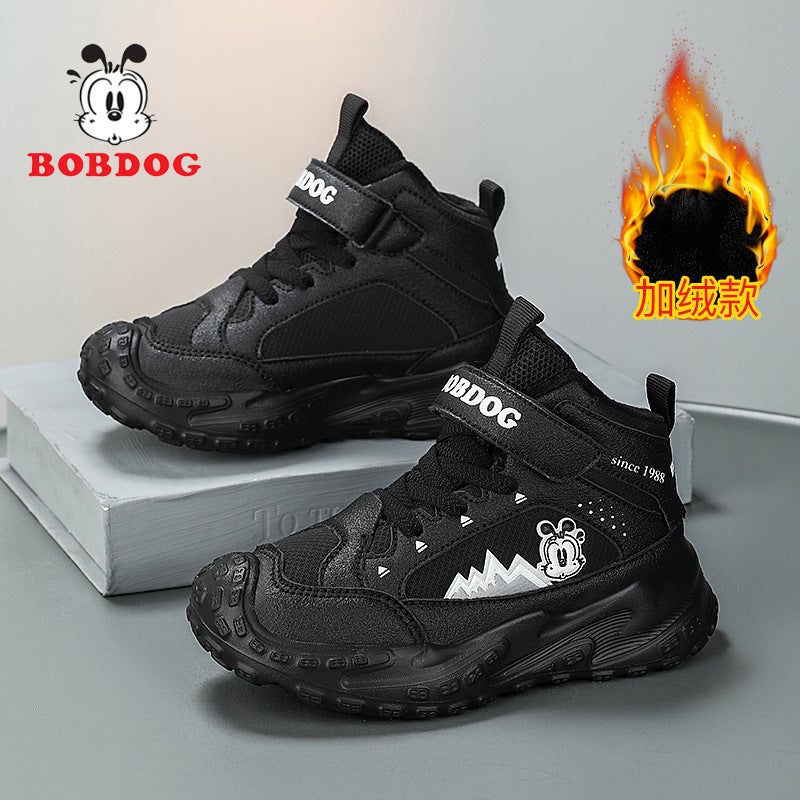 Babu Bean Boys Cotton Shoes Winter Leather Fleece-Lined Warm Cotton Shoes Big Children Soft Bottom Sneaker - Image 1