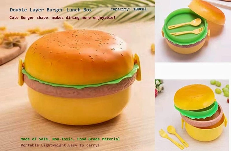 Crackles Burger Shape Double Layer Lunch Box with Spoons Perfect for Salads, Sandwiches and Snacks - Image 2