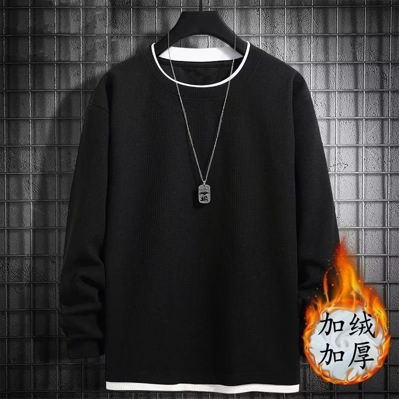 Waffle Sweater Boys Fake Two-Piece Long-Sleeved T-Shirt Teenagers Loose Plus Size Base Shirt Fleece-Lined Trendy - Image 2