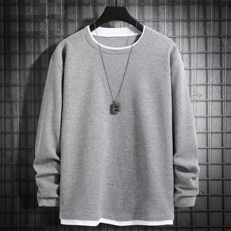 Waffle Sweater Boys Fake Two-Piece Long-Sleeved T-Shirt Teenagers Loose Plus Size Base Shirt Fleece-Lined Trendy - Image 4