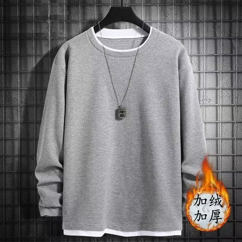 Waffle Sweater Boys Fake Two-Piece Long-Sleeved T-Shirt Teenagers Loose Plus Size Base Shirt Fleece-Lined Trendy - Image 1