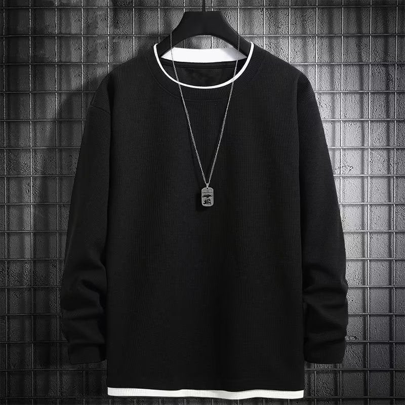 Waffle Sweater Boys Fake Two-Piece Long-Sleeved T-Shirt Teenagers Loose Plus Size Base Shirt Fleece-Lined Trendy - Image 3