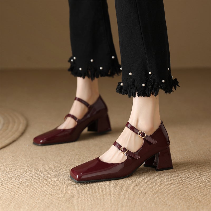 Export Model 2025 Spring Fashion Square-Toe Women'S Shoes 32-48 Size Double-Breasted Thick High-Heeled Shoes - Image 3