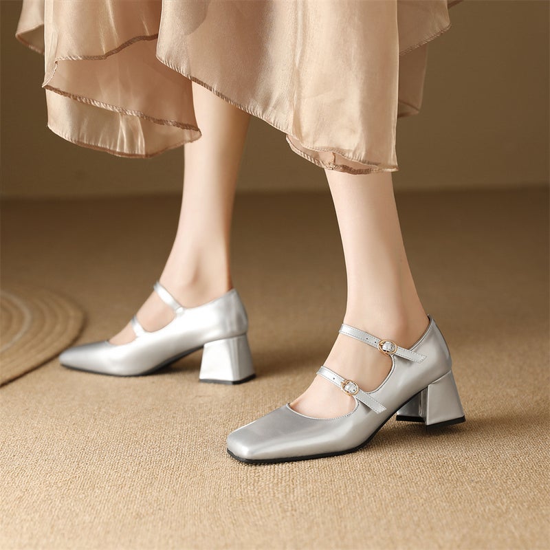 Export Model 2025 Spring Fashion Square-Toe Women'S Shoes 32-48 Size Double-Breasted Thick High-Heeled Shoes - Image 2