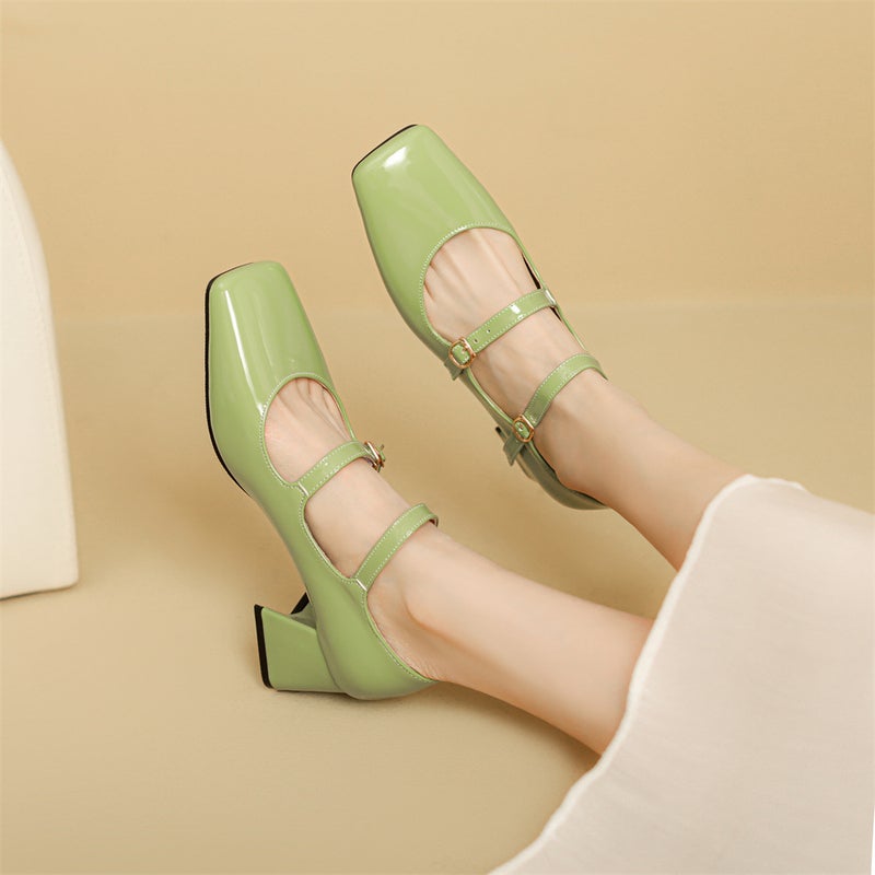 Export Model 2025 Spring Fashion Square-Toe Women'S Shoes 32-48 Size Double-Breasted Thick High-Heeled Shoes - Image 4