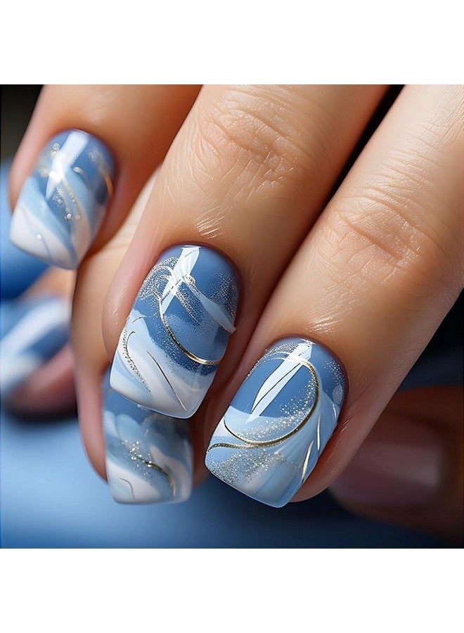 OCOUYVD Summer Medium Square Press On Nails Blue White Glossy Acrylic False Nails With Gold Glitter Designs Blue Gradient Fake Nails Sparkly Artificial Nails Stick On Nails For Women Girls Nail Supplies - Image 1
