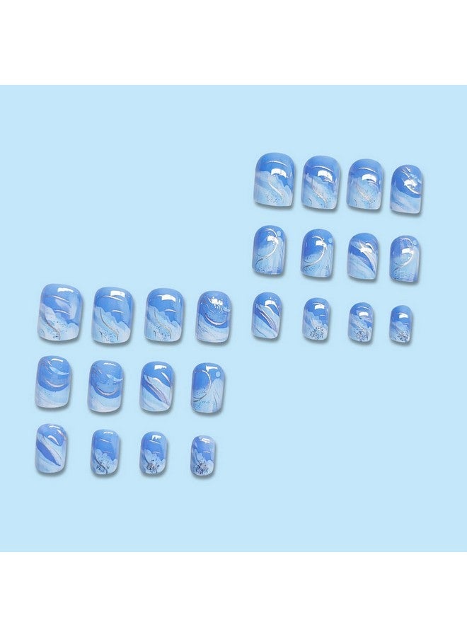 OCOUYVD Summer Medium Square Press On Nails Blue White Glossy Acrylic False Nails With Gold Glitter Designs Blue Gradient Fake Nails Sparkly Artificial Nails Stick On Nails For Women Girls Nail Supplies - Image 3