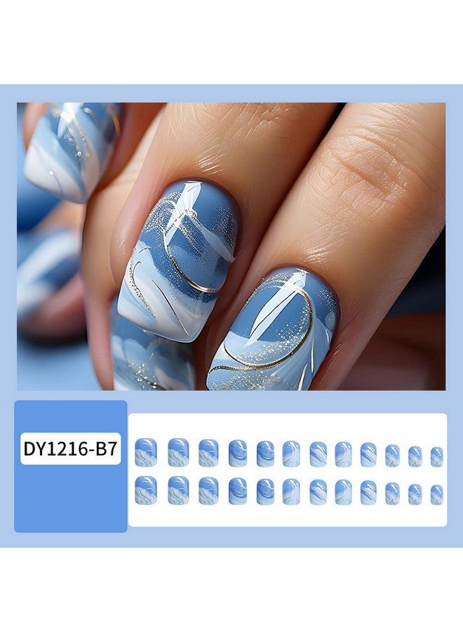 OCOUYVD Summer Medium Square Press On Nails Blue White Glossy Acrylic False Nails With Gold Glitter Designs Blue Gradient Fake Nails Sparkly Artificial Nails Stick On Nails For Women Girls Nail Supplies - Image 2