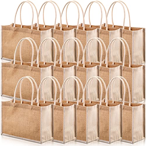 Reginary 16 Pcs Jute Tote Gift Bags Natural Burlap Grocery Shopping Bag Beach Tote with Handle for Bridesmaid Wedding Travel(Beige Trim) - Image 1
