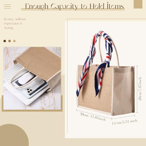 Reginary 16 Pcs Jute Tote Gift Bags Natural Burlap Grocery Shopping Bag Beach Tote with Handle for Bridesmaid Wedding Travel(Beige Trim) - Image 2