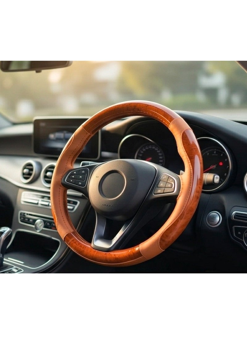 Premium Honey-Oak Wood & Tan Leather Steering Wheel Cover - Premium Executive Trim - Anti-Slip, Ergonomic Design - Universal Fit for Cars & SUVs