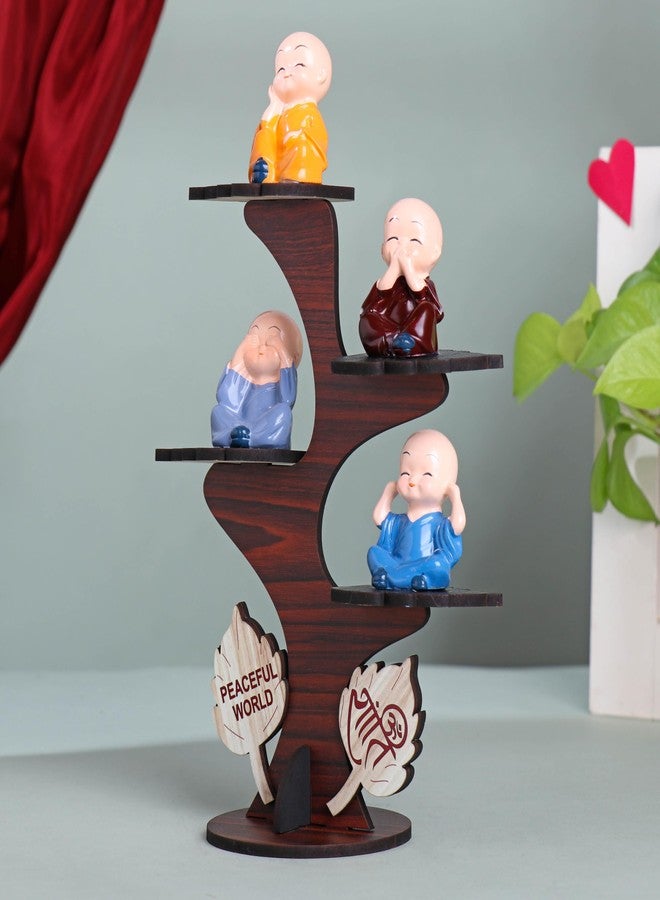 FlowerAura Decorative Set of 4 Adorable Buddha Monk Figurines With Wooden Stand For Peaceful Home Decor & Office Decor, Special Gifting, Ideal for Living Room, Meditation Spaces, and Special Occasions - Image 5