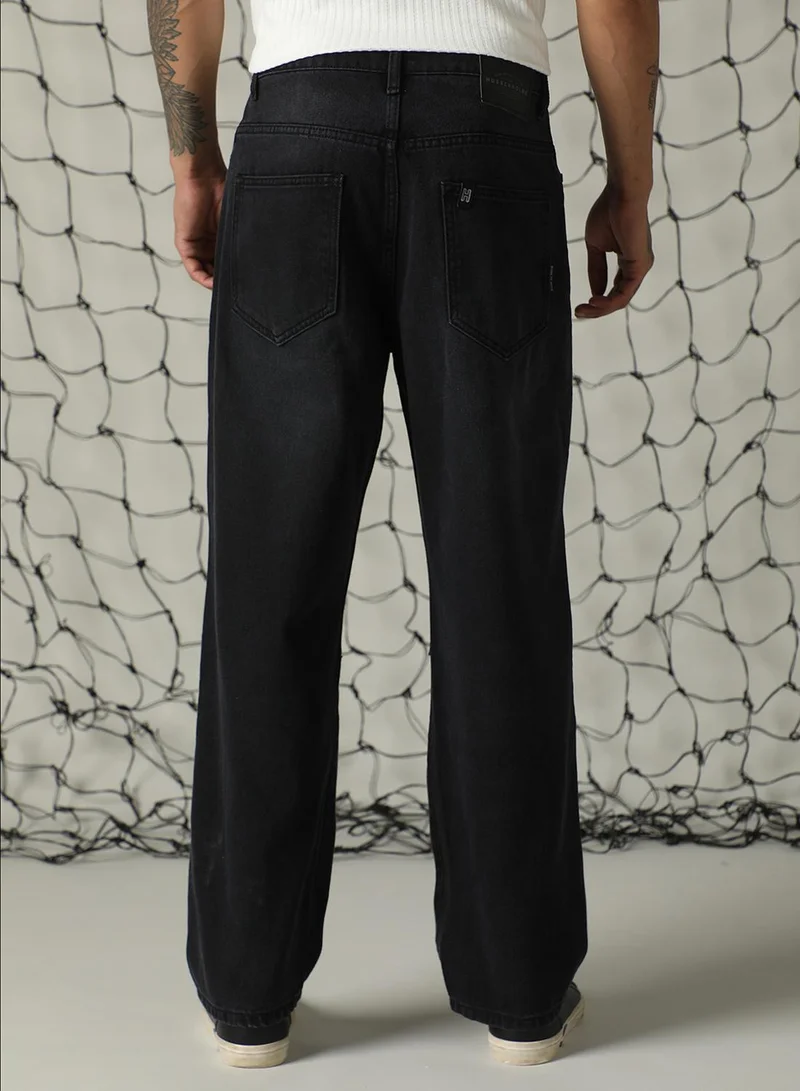 Hubberholme Men's Black 100% Cotton Distressed Full Length Loose Fit Jeans
