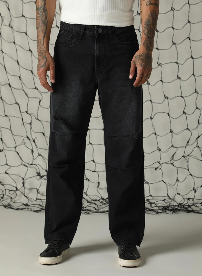 Hubberholme Men's Black 100% Cotton Distressed Full Length Loose Fit Jeans