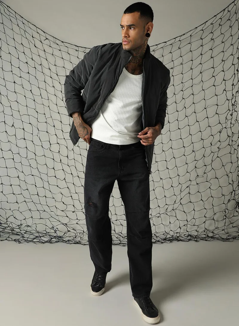 هوبرهولمي Men's Black 100% Cotton Distressed Full Length Loose Fit Jeans