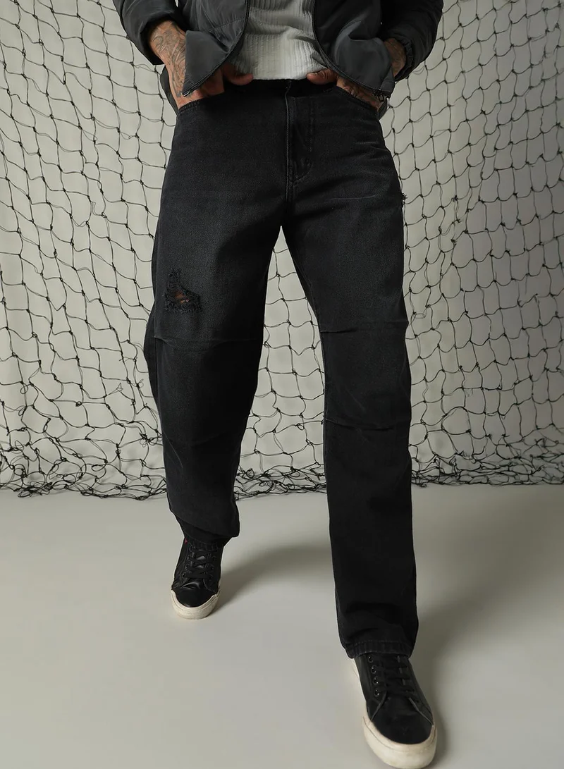 هوبرهولمي Men's Black 100% Cotton Distressed Full Length Loose Fit Jeans
