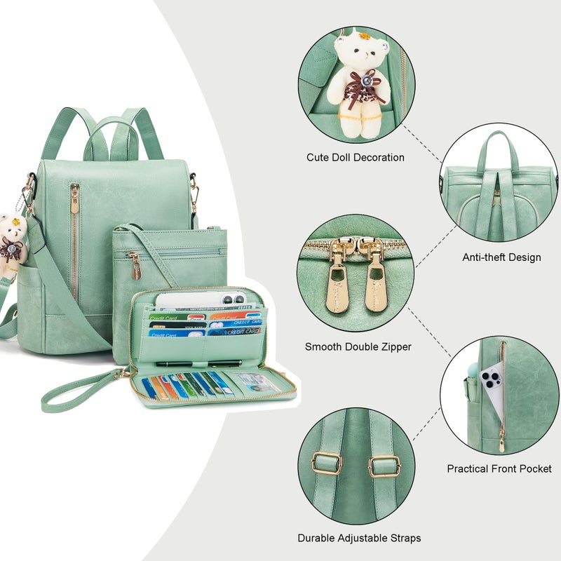 Soperwillton Women Fashion Backpack Purse Anti-Theft Leather Shoulder Bag Travel Multi Pockets Handbag Wallet Set 3pcs - Image 4