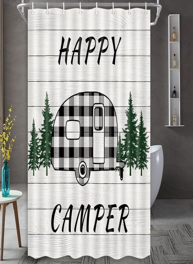 MERCHR Happy Camper RV Shower Curtain, Buffalo Plaid Check Trailer with Trees On Farmhouse Rustic Gray Wooden Fabric Shower Curtain Accessories for Travel Trailers Bathroom Decor, 48 x 72 Inches - Image 1