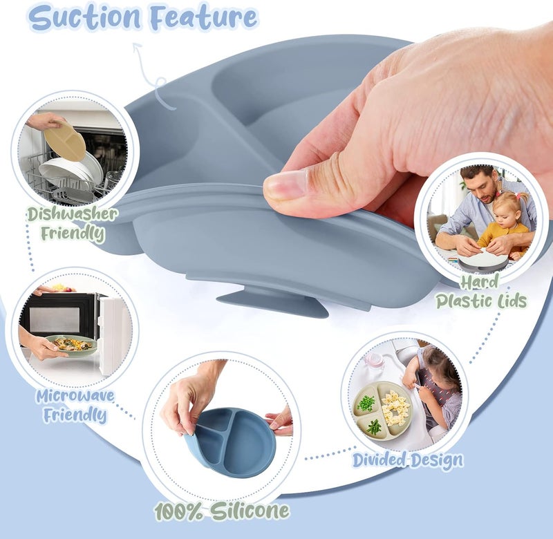 Meanplan 6 Pack Suction Plates for Toddlers with Lids Silicone Baby Plates set Food Grade Silicone Divided Design BPA Free Microwave and Dishwasher Safe Assorted ColorsElegant Colors - Image 5