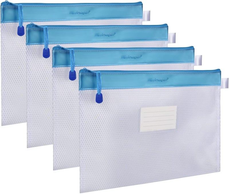 Wisdompro Zipper Pouch, 4 Packs Durable Letter Size Waterproof Mesh File Bag, Document Organizer - Blue - Image 1