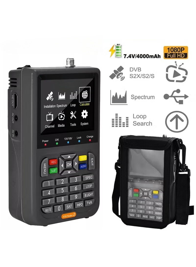 والالا جهاز قياس إشارة الأقمار الصناعية الرقمي FTA DVB-S/S2/S2X، جهاز كشف وقياس الإشارة، شاشة LCD مقاس 3.5 بوصة لضبط طبق التلفزيون الفضائي مع حقيبة ظهر - Image 1